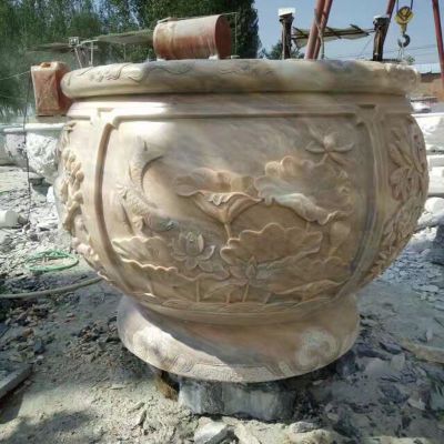 荷花鱼浮雕水缸，晚霞红圆形石水缸