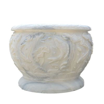 荷花鱼石浮雕水缸，汉白玉水缸