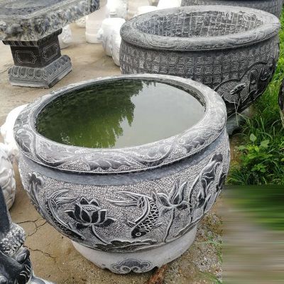 鲤鱼荷花浮雕水缸 青石仿古水缸石雕  
