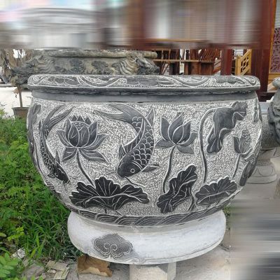 鲤鱼荷花浮雕水缸 青石仿古水缸石雕  