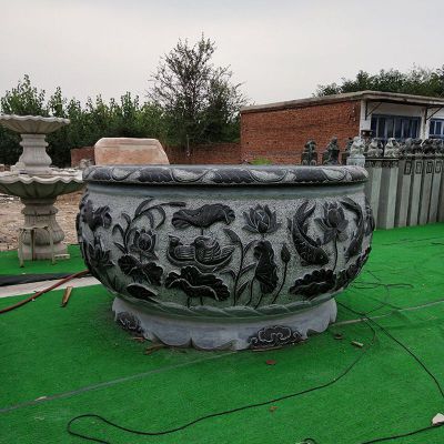鲤鱼荷花浮雕水缸 青石仿古水缸石雕