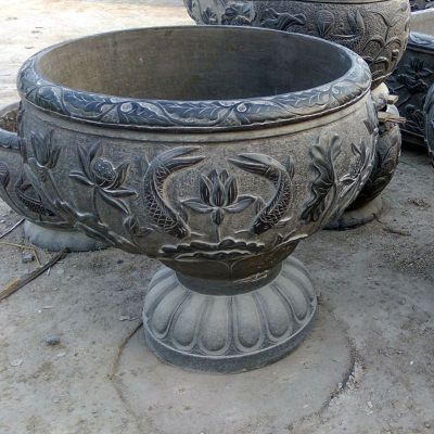 鲤鱼荷花浮雕水缸 青石仿古水缸石雕