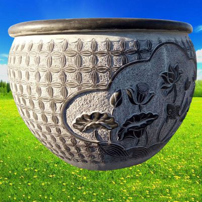 鲤鱼荷花浮雕水缸 青石仿古水缸石雕