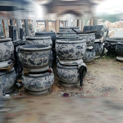 鲤鱼荷花浮雕水缸 青石仿古水缸石雕  