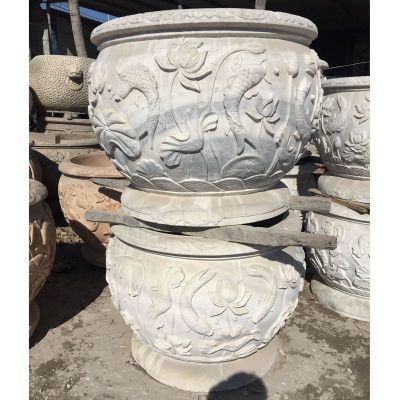 鲤鱼荷花石浮雕，大理石水缸