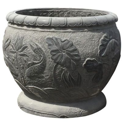 连年有余浮雕石水缸 公园仿古水缸石雕 