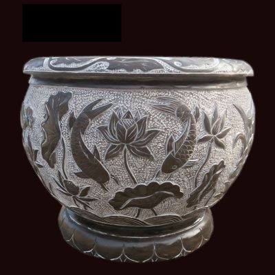 莲花鲤鱼浮雕石水缸 公园圆形水缸石雕