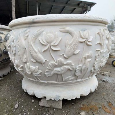 连年有余浮雕水缸 汉白玉圆形水缸石雕