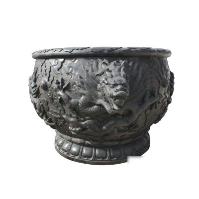 龙浮雕水盆，仿古石雕水缸 