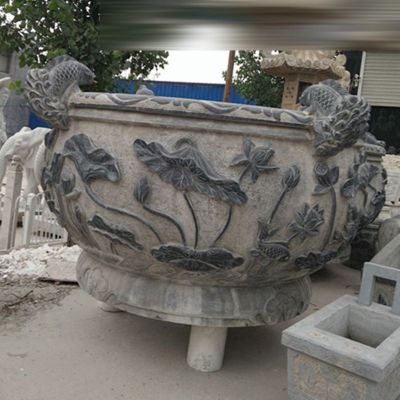 青石荷花水缸  石雕公园景观雕塑 