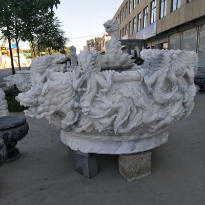 青石龙浮雕水缸  石雕公园景观雕塑