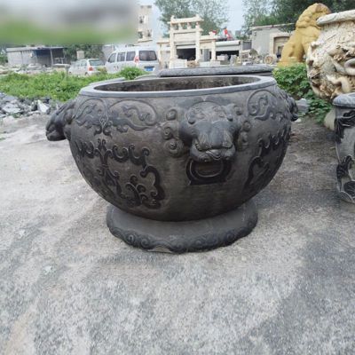 狮头耳缸石雕，圆形仿古水缸石雕