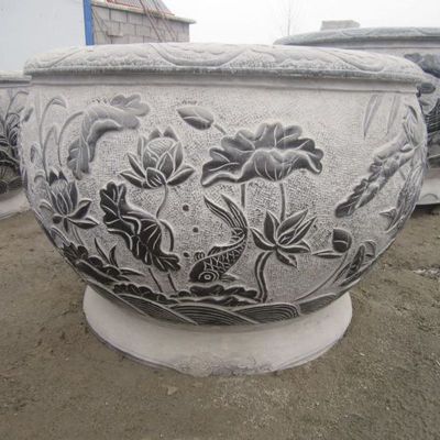 石雕鱼缸 鲤鱼莲花浮雕圆水缸