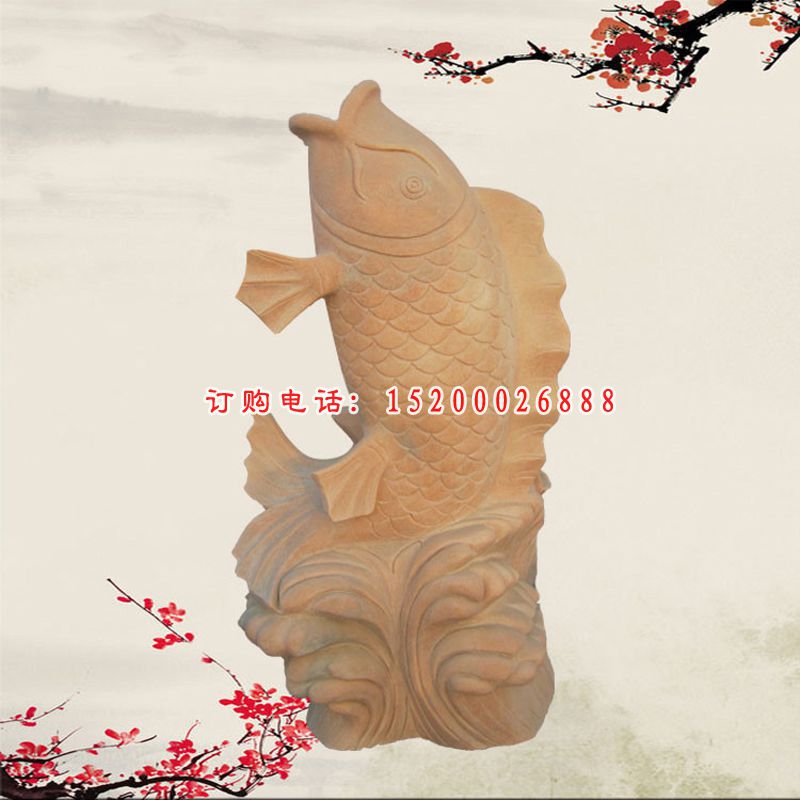 公园景观石雕，晚霞红石雕鱼喷泉雕塑