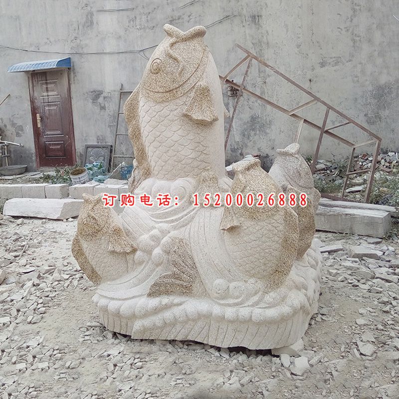 鲤鱼喷泉石雕，大理石景观雕塑
