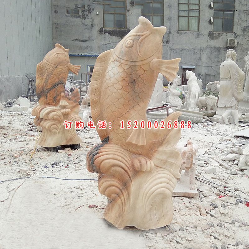 鲤鱼喷泉石雕，晚霞红景观雕塑