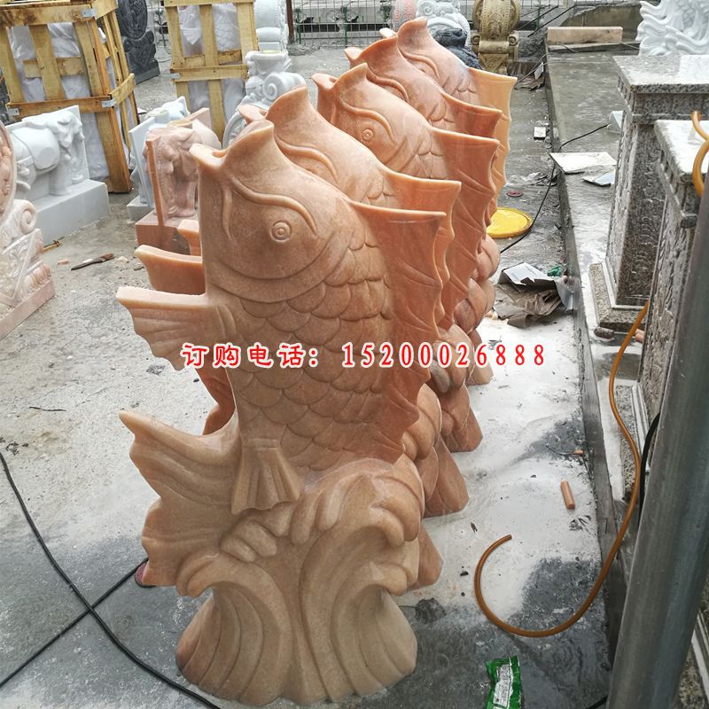喷泉鱼石雕，晚霞红石雕鱼 (3)