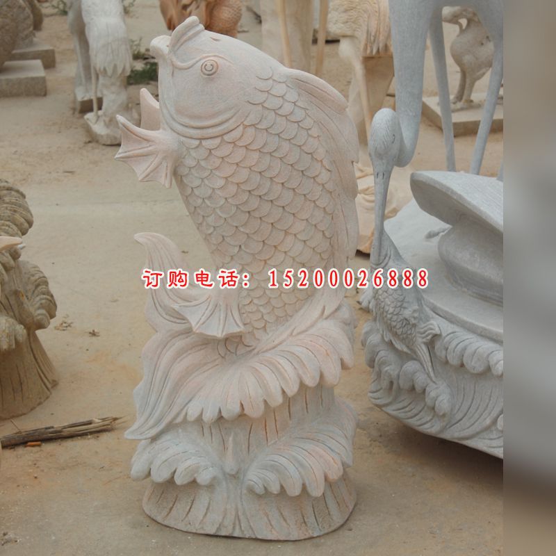 石雕鱼雕塑，晚霞红石雕鱼，石雕鱼喷泉雕塑 (4)