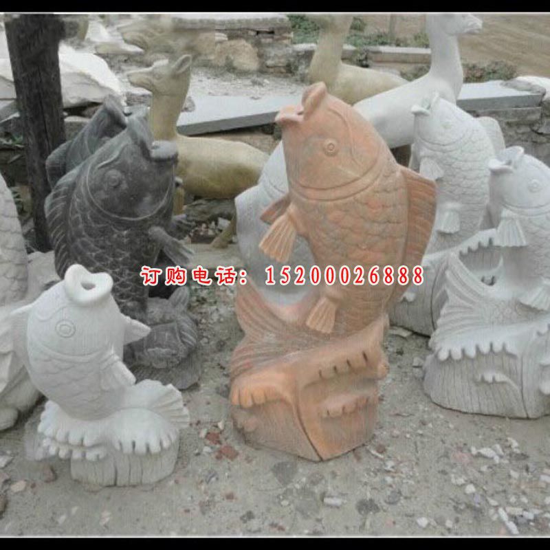 鱼喷泉广场景观雕塑，动物石雕塑 (2)