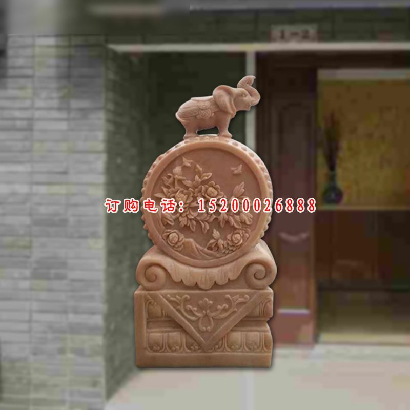 大象石雕门墩，晚霞红门墩