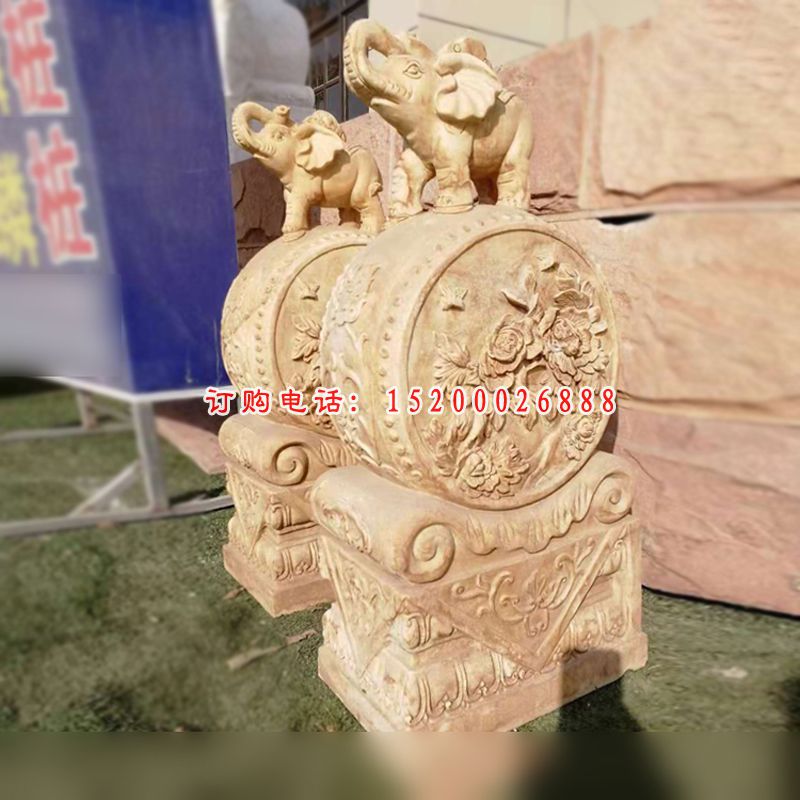 大象石雕门墩，晚霞红门墩 (3)