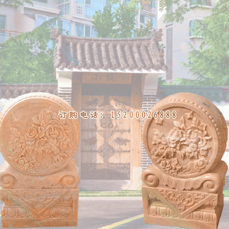 庭院景观雕塑，牡丹花石浮雕抱鼓石雕塑