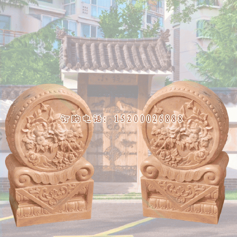 晚霞红抱鼓石雕塑，镇宅景观石雕