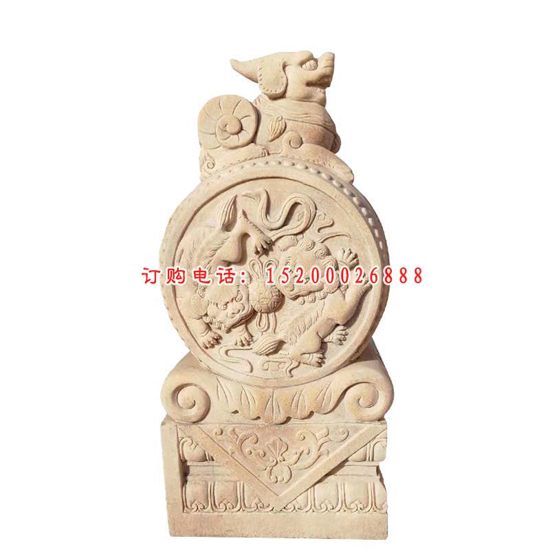 晚霞红抱鼓石雕塑，招财神兽雕塑
