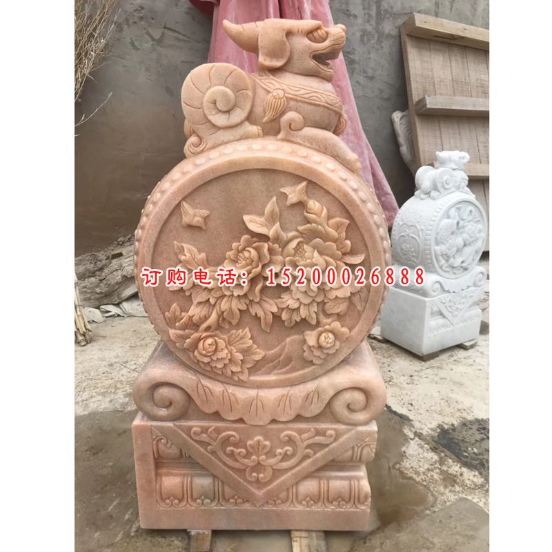晚霞红抱鼓石雕塑，镇宅石门墩
