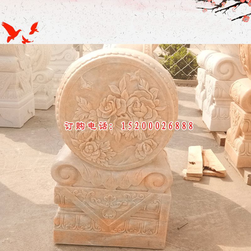 晚霞红牡丹石浮雕抱鼓石雕塑，招财景观石雕