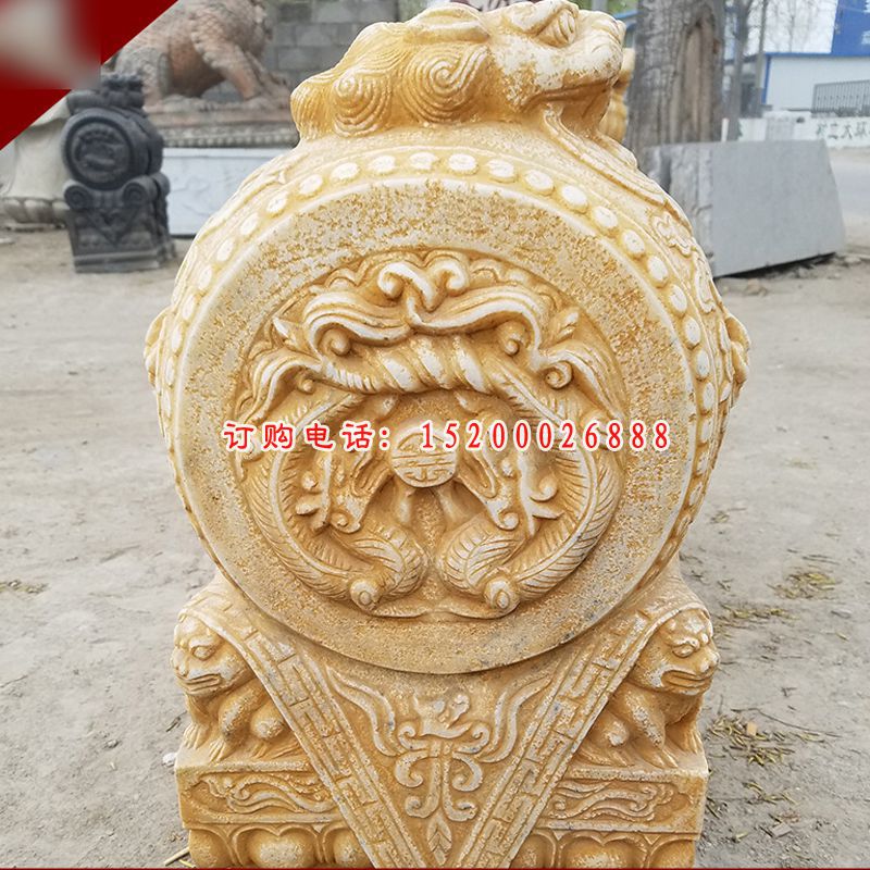 晚霞红麒麟抱鼓  石雕庭院景观雕塑