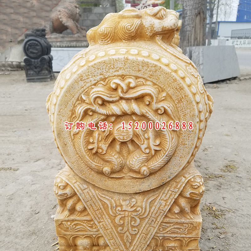 晚霞红狮子抱鼓  石雕小区门口雕塑 (1)