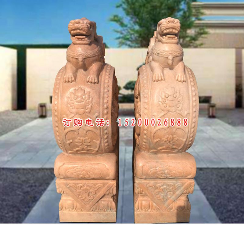 晚霞红狮子抱鼓   石雕公园景观雕塑 (2)