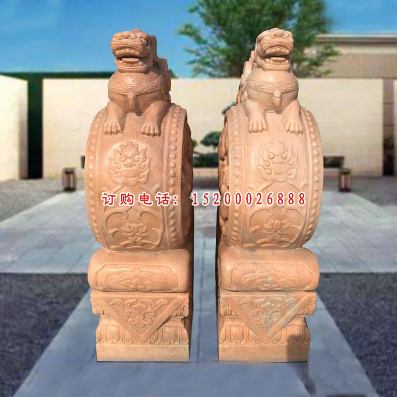 晚霞红狮子门墩  石雕庭院门口雕塑 (5)