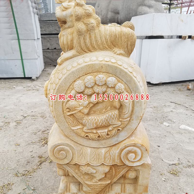 晚霞红狮子抱鼓  石雕小区门口雕塑 (3)