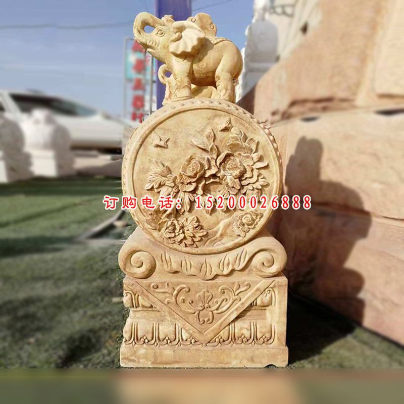 小象石门墩，牡丹花浮雕门墩 (1)