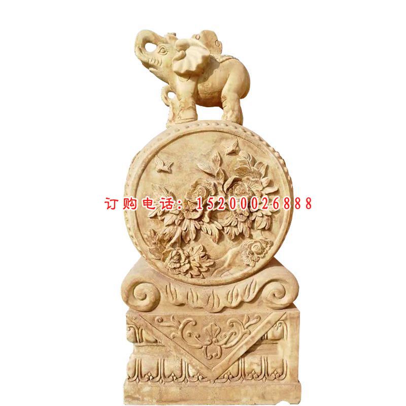 小象石门墩，牡丹花浮雕门墩 (2)