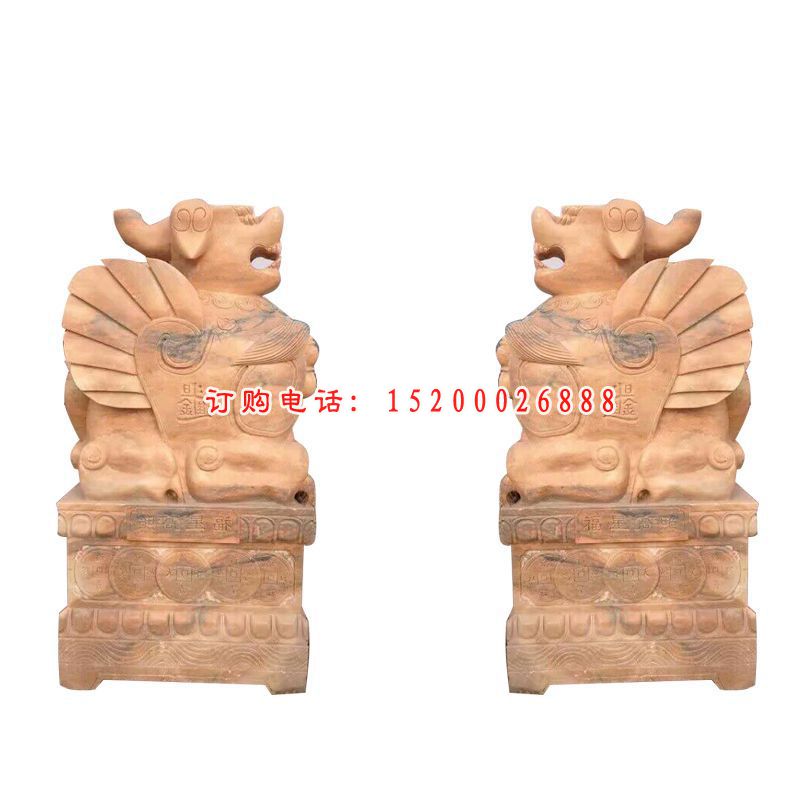 晚霞红狮子抱鼓  石雕庭院看门动物