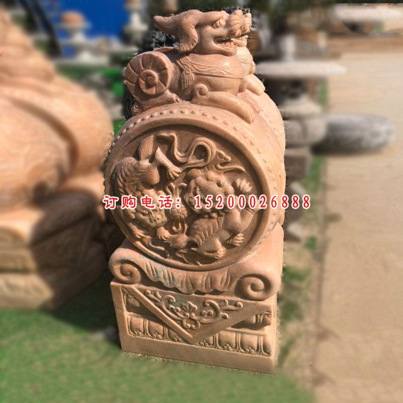 晚霞红狮子门墩  石雕庭院门口雕塑 (6)
