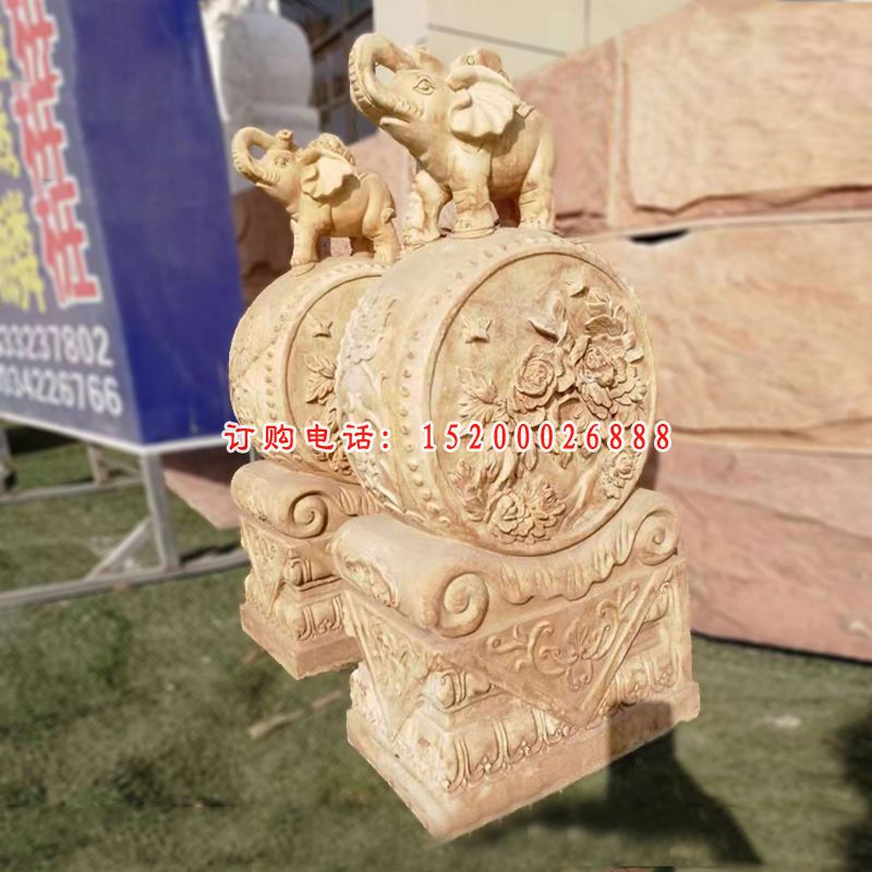 晚霞红小象抱鼓  石雕庭院门口摆件