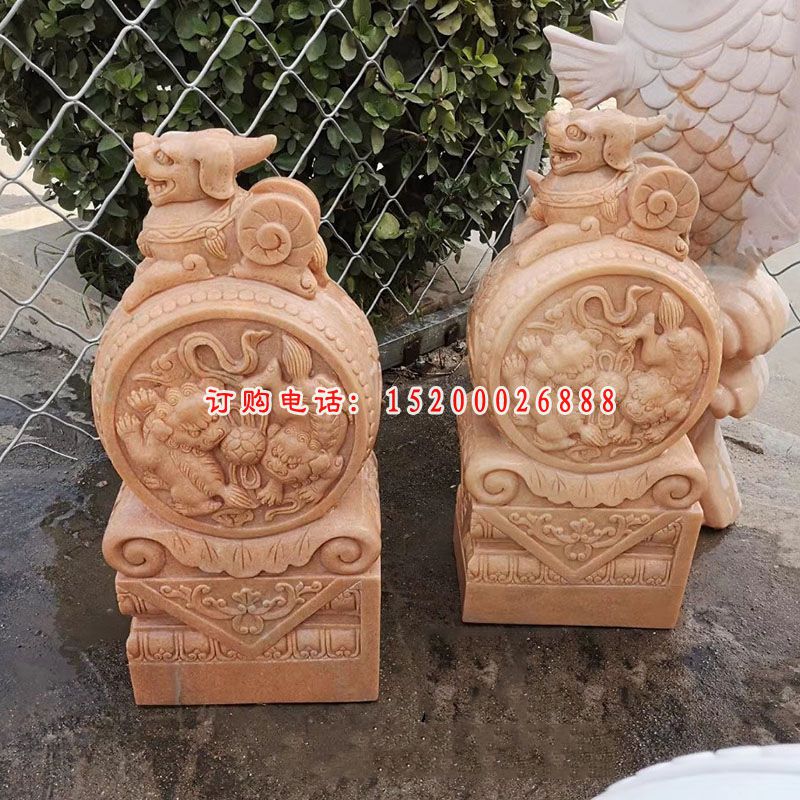 晚霞红石门墩，镇宅抱鼓石雕塑