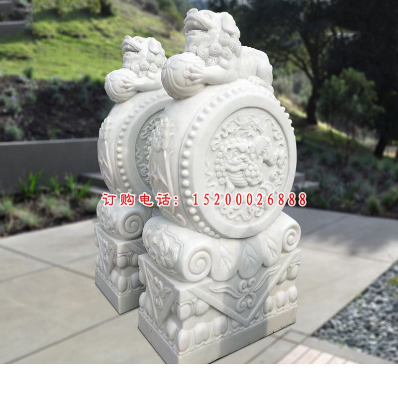 草白玉麒麟浮雕抱鼓石 门口门墩石雕 (4)