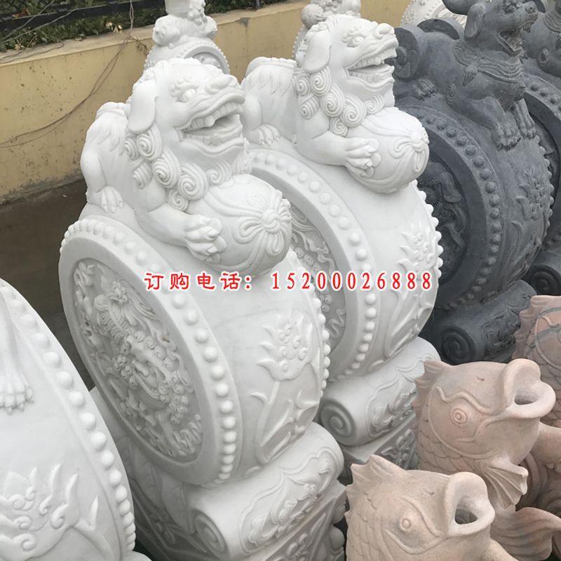 仿古门墩石雕   汉白玉貔貅抱鼓石 (1)