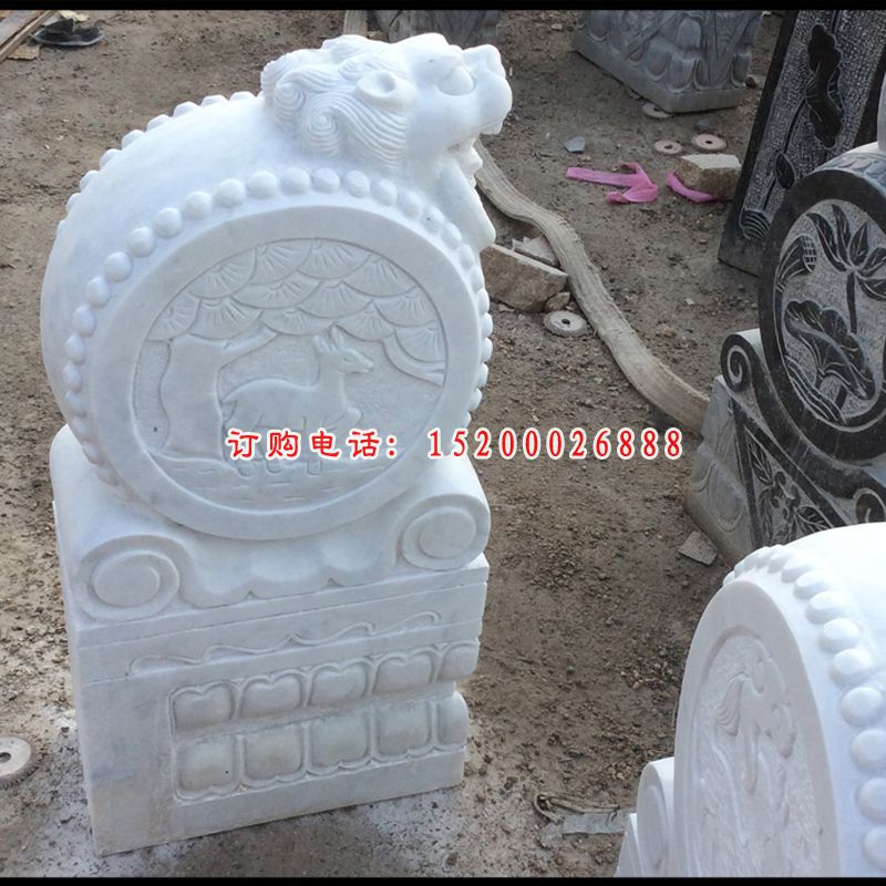汉白玉抱鼓石雕塑，招财景观摆件