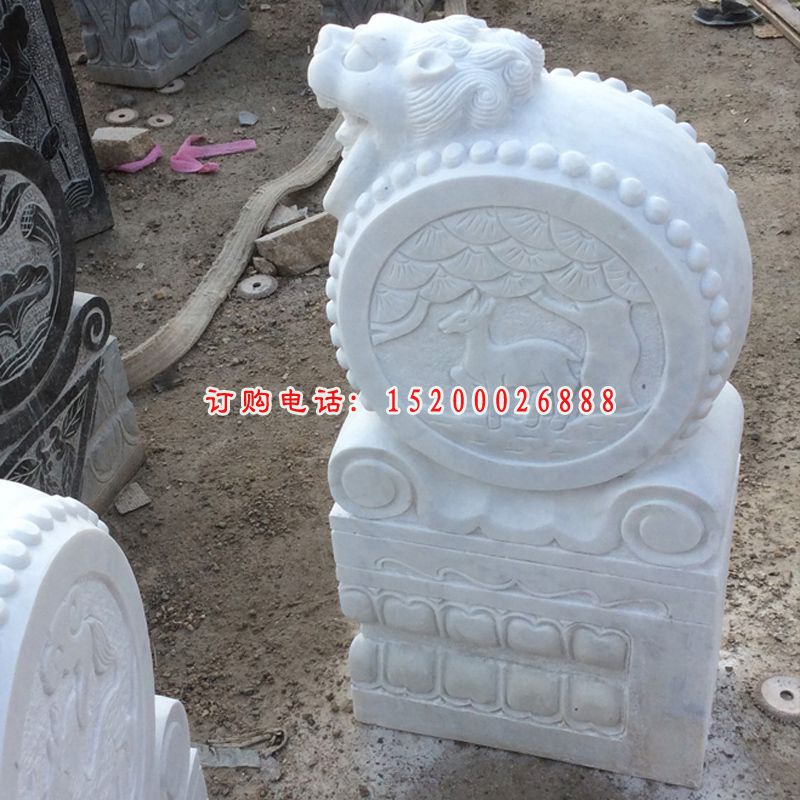 汉白玉抱鼓石雕塑，招财动物摆件