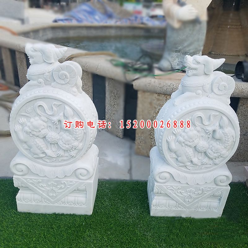 汉白玉抱鼓石雕塑，门墩雕塑