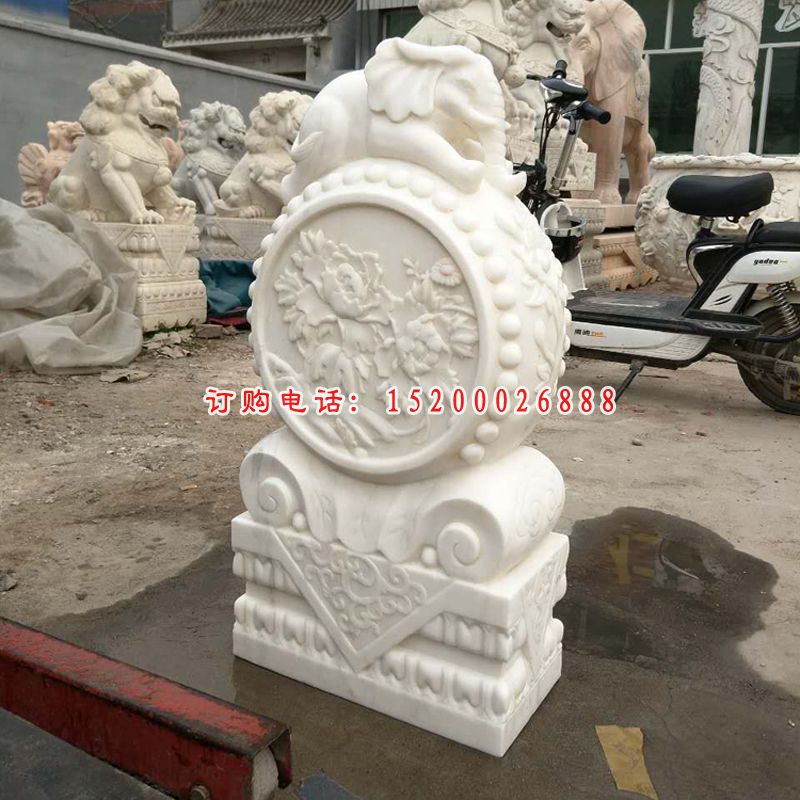 汉白玉大象抱鼓石，门口门墩石雕
