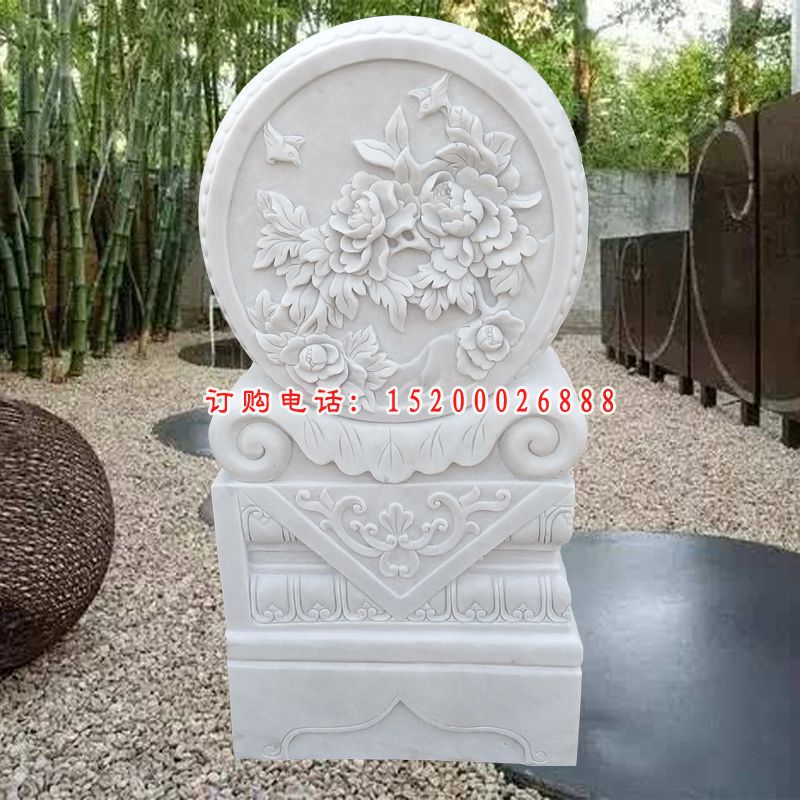 汉白玉牡丹浮雕抱鼓石 富贵花开门墩石雕 (2)