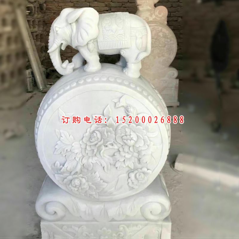 汉白玉牡丹浮雕门墩，小象石门墩 (2)