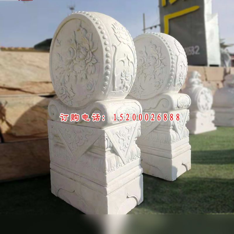 汉白玉牡丹石浮雕抱鼓石雕塑，镇宅石门墩雕塑